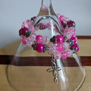 Pink and silver beaded memory wire bracelet